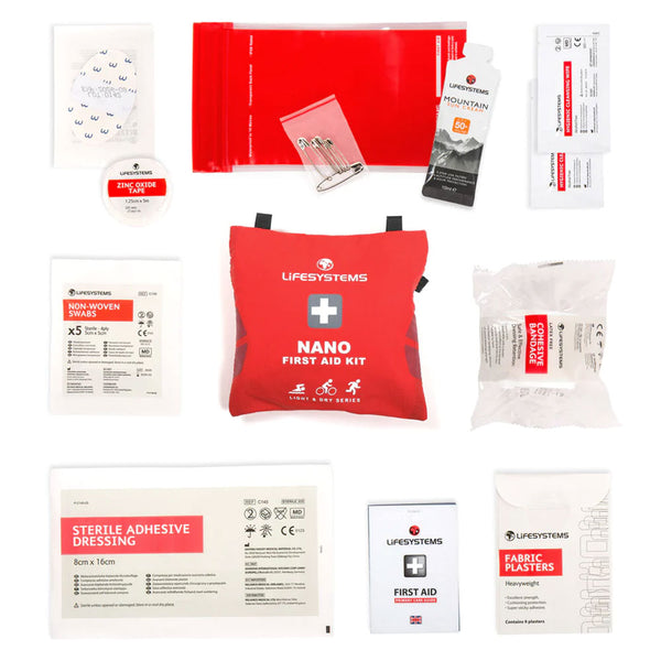 Lifesystems light and dry Nano first aid kit contents laid out flat