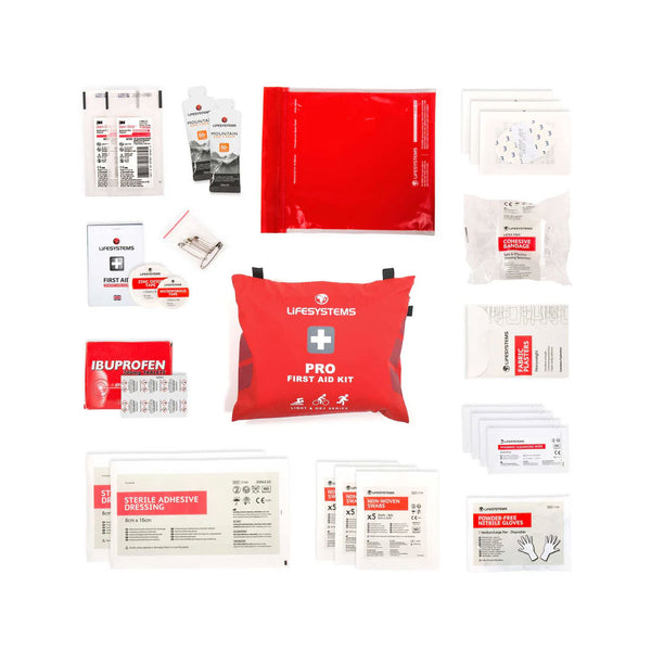 Lifesystems Light and Dry Pro first aid kit contents laid out flat