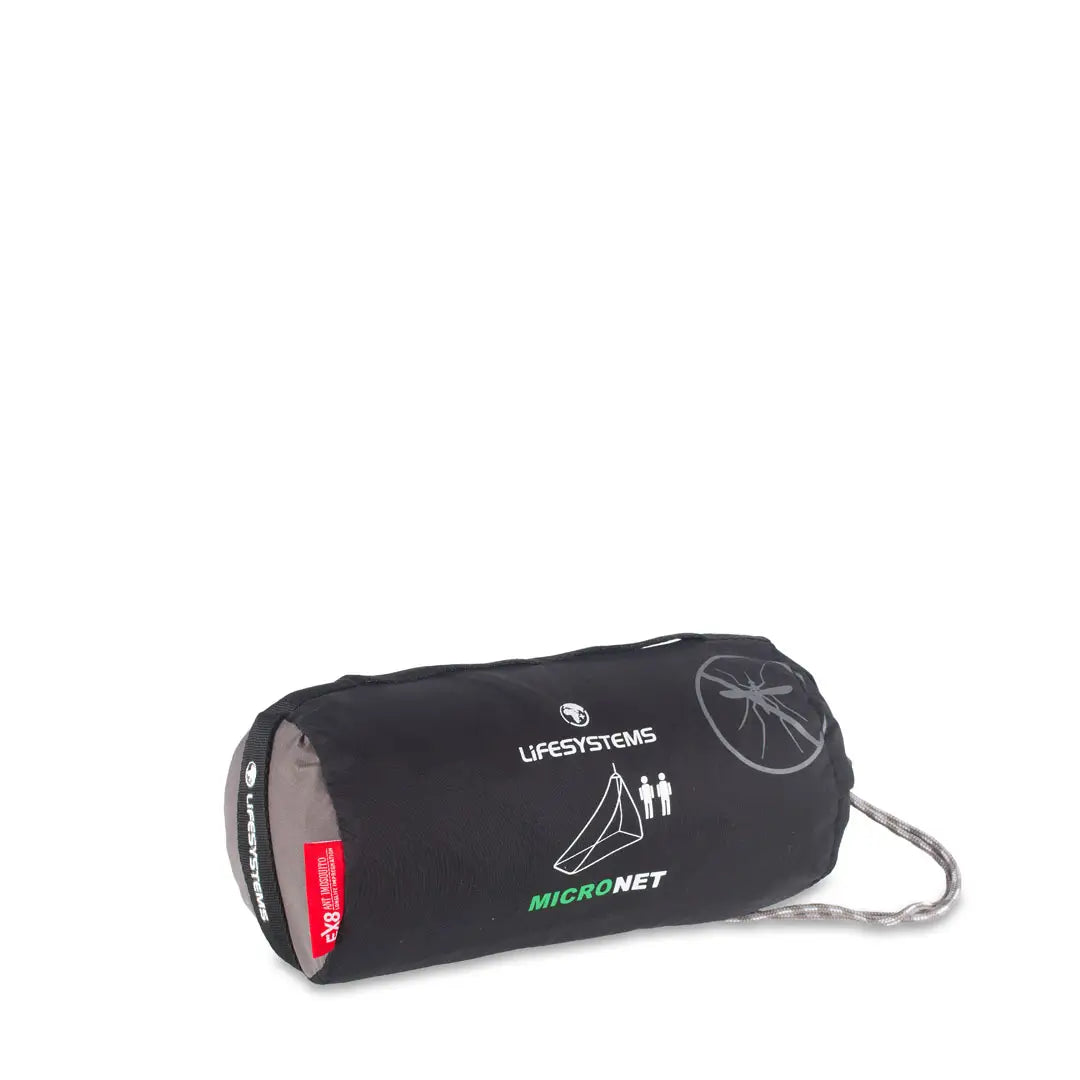 Lifesystems Micro Double Mosquito Net packed in its stuff sack on a white background