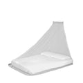 A double Lifesystems Micro Mosquito Net in white, displayed over a bed with bedding, showing the netting and the bed inside a frame representing the product's scale, on a white background