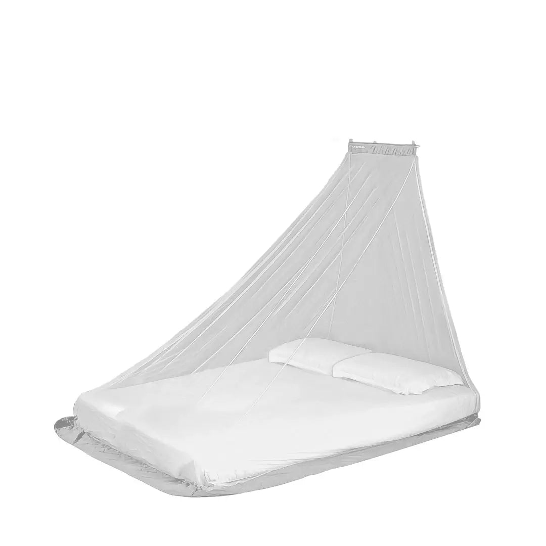 A double Lifesystems Micro Mosquito Net in white, displayed over a bed with bedding, showing the netting and the bed inside a frame representing the product's scale, on a white background