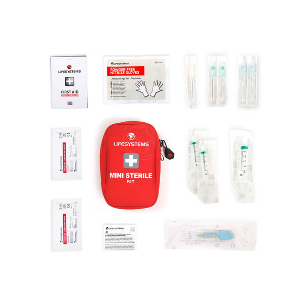 Lifesystems mini sterile travel first aid kit contents laid out flat