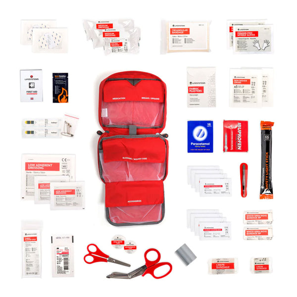 Lifesystems Mountain first aid kit contents laid out flat