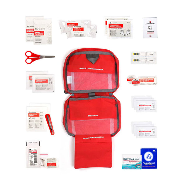 Lifesystems Traveller first aid kit contents laid out flat