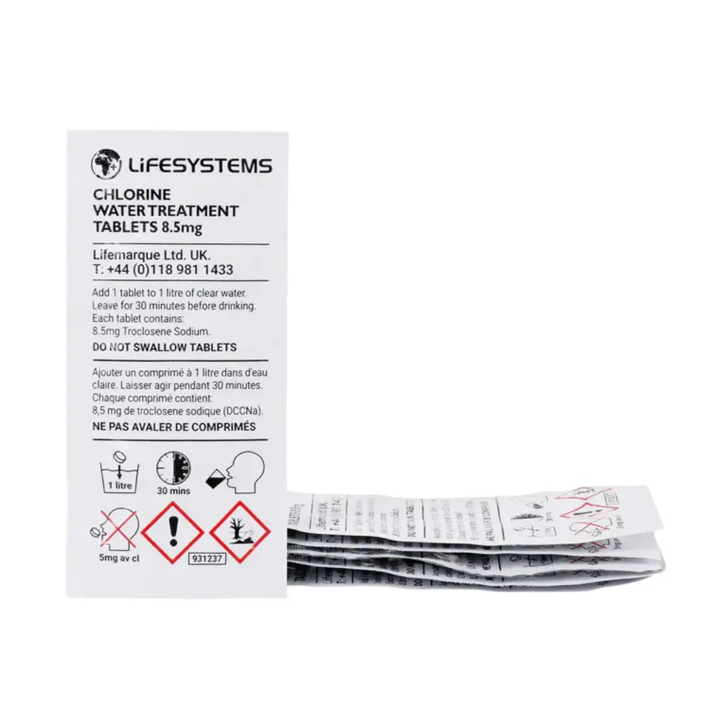 Lifesystems chlorine water treatment tablets shown in their foil packaging on a white background