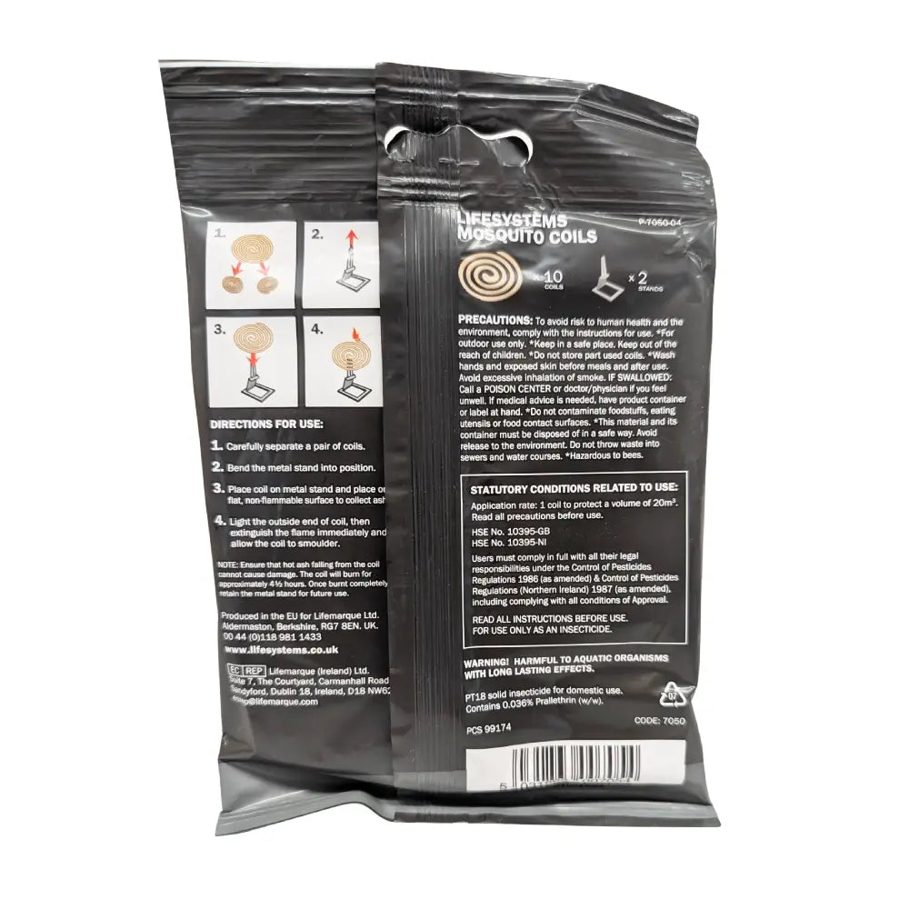 Reverse packaging of Lifesystems insect repellent coils on a white background