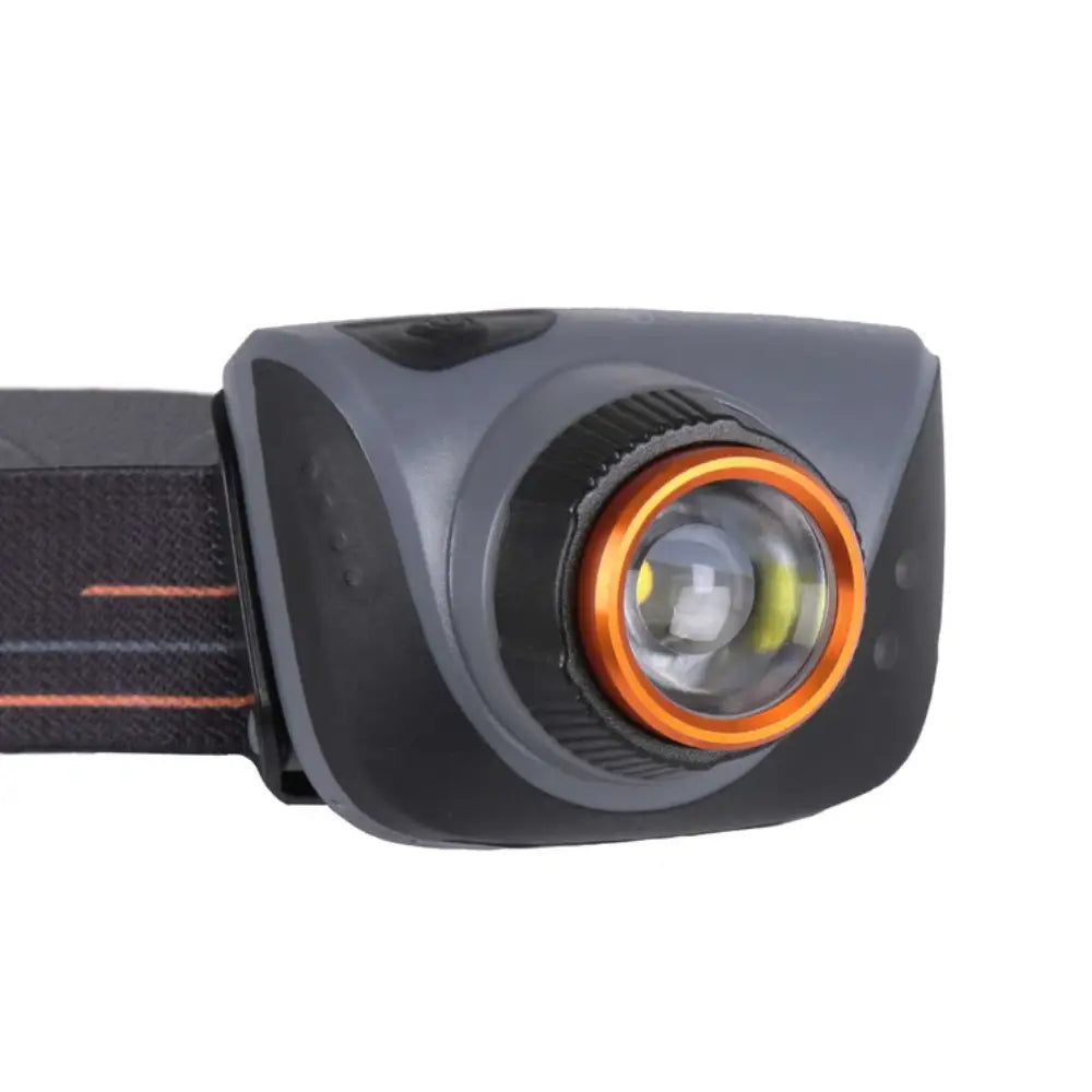 Close up shot of the Lifesystems 580 head torch showing the torch lens and adjustable beam housing on a white background 