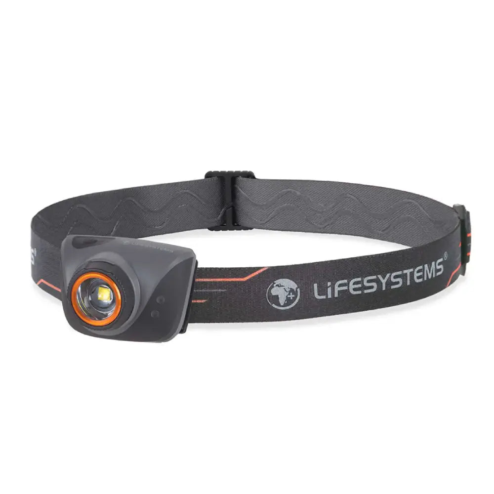 Lifesystems 580 head torch showing the adjustable strap and the battery and LED housing  on a white background