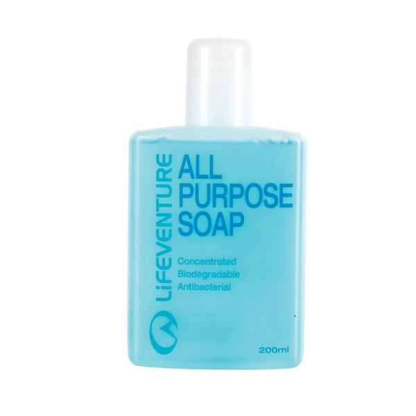 A 200ml bottle of Lifeventure All Purpose Liquid Soap with a translucent light blue body and a white cap, shown on a plain white background.