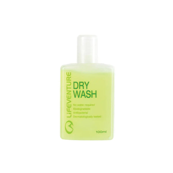 A 100ml bottle of Lifeventure Dry Wash, featuring a translucent light green liquid and a white cap, on a solid white background.