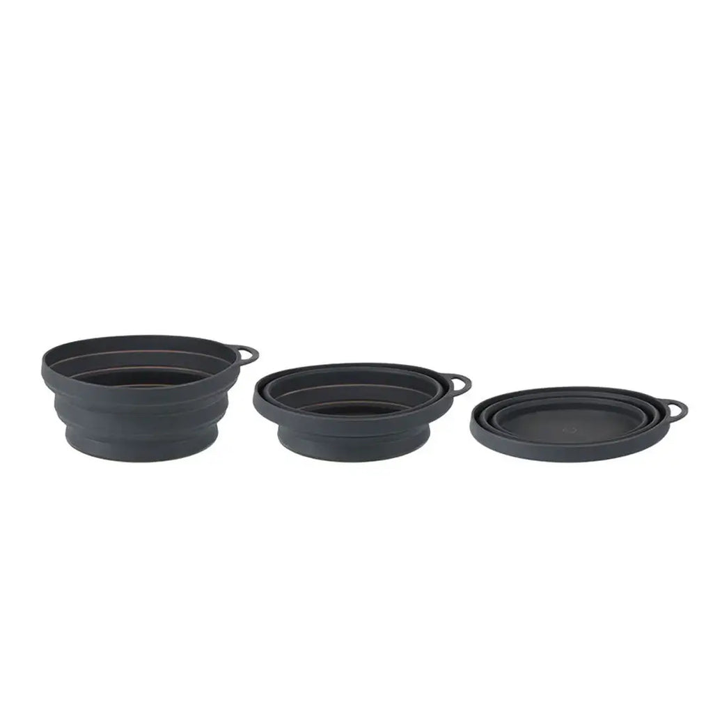 Lifeventure Ellipse collapsible bowl in colour graphite showing the three stages of collapse