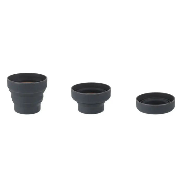 Lifeventure Ellipse collapsiblc cup in graphite colour showing the three stages of its collapse