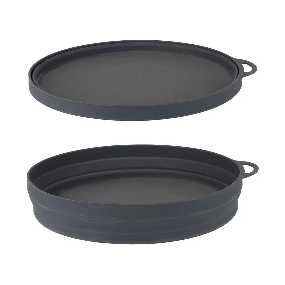 Two shots of Lifeventure Ellipse Collapsible Plate in colour graphite showing it collapsed and expanded 