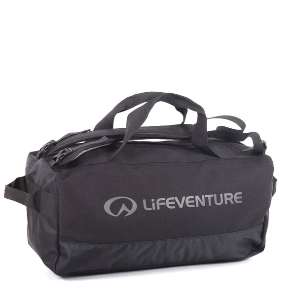 Lifeventure Expedition Cargo Duffle Bag 50 Litres in black opened out showing the side detail and photographed on a white background