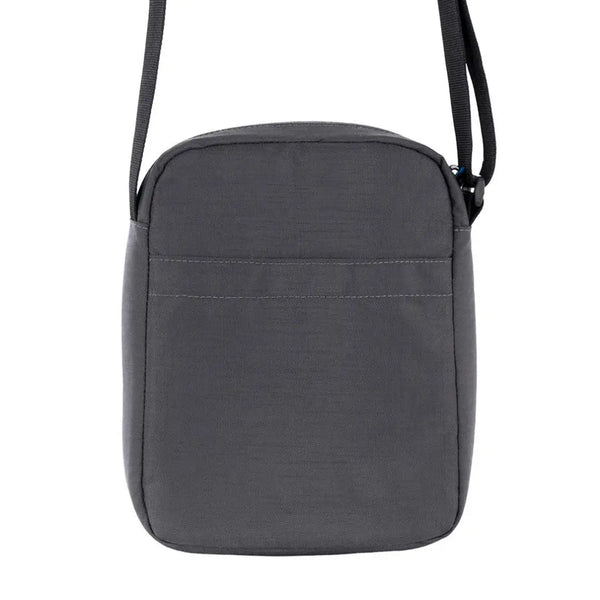 Reverse detail of a Lifeventure Grey Crossbody bag on a white background