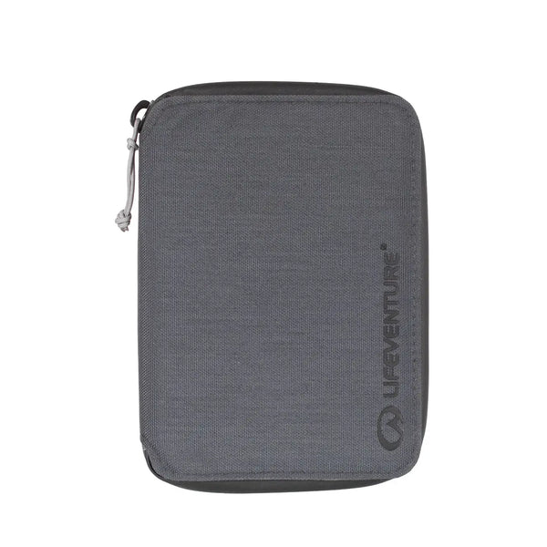 Front detail of a Lifeventure RFiD mini travel wallet in grey colour 