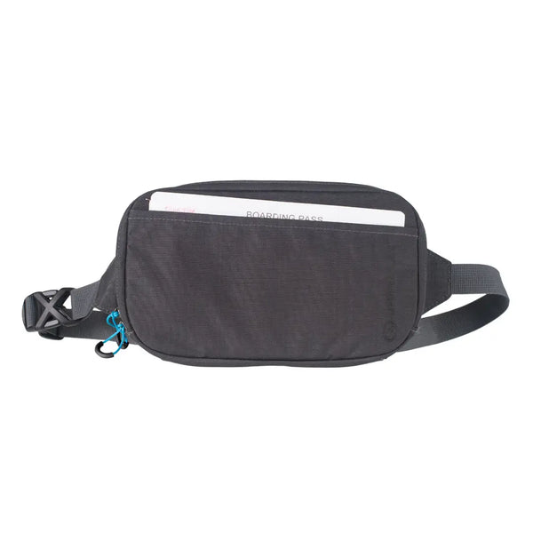 Front detail of a Lifeventure RFiD travel belt pouch showing the quick release waist buckle and front stash pocket