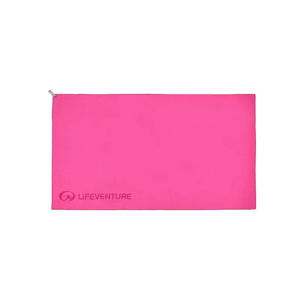 Opened out image of a large Lifeventure SoftFibre travel towel in pink colour