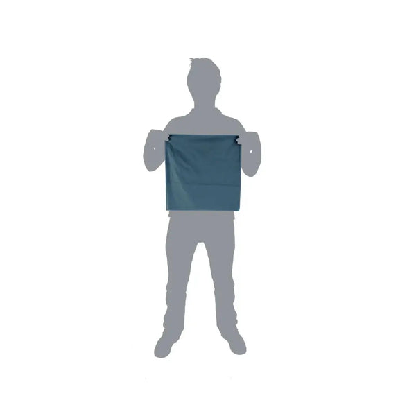 Pictorial image showing the relative size of a Lifeventure SoftFibre recycled travel towel in pocket size  in comparison to a person