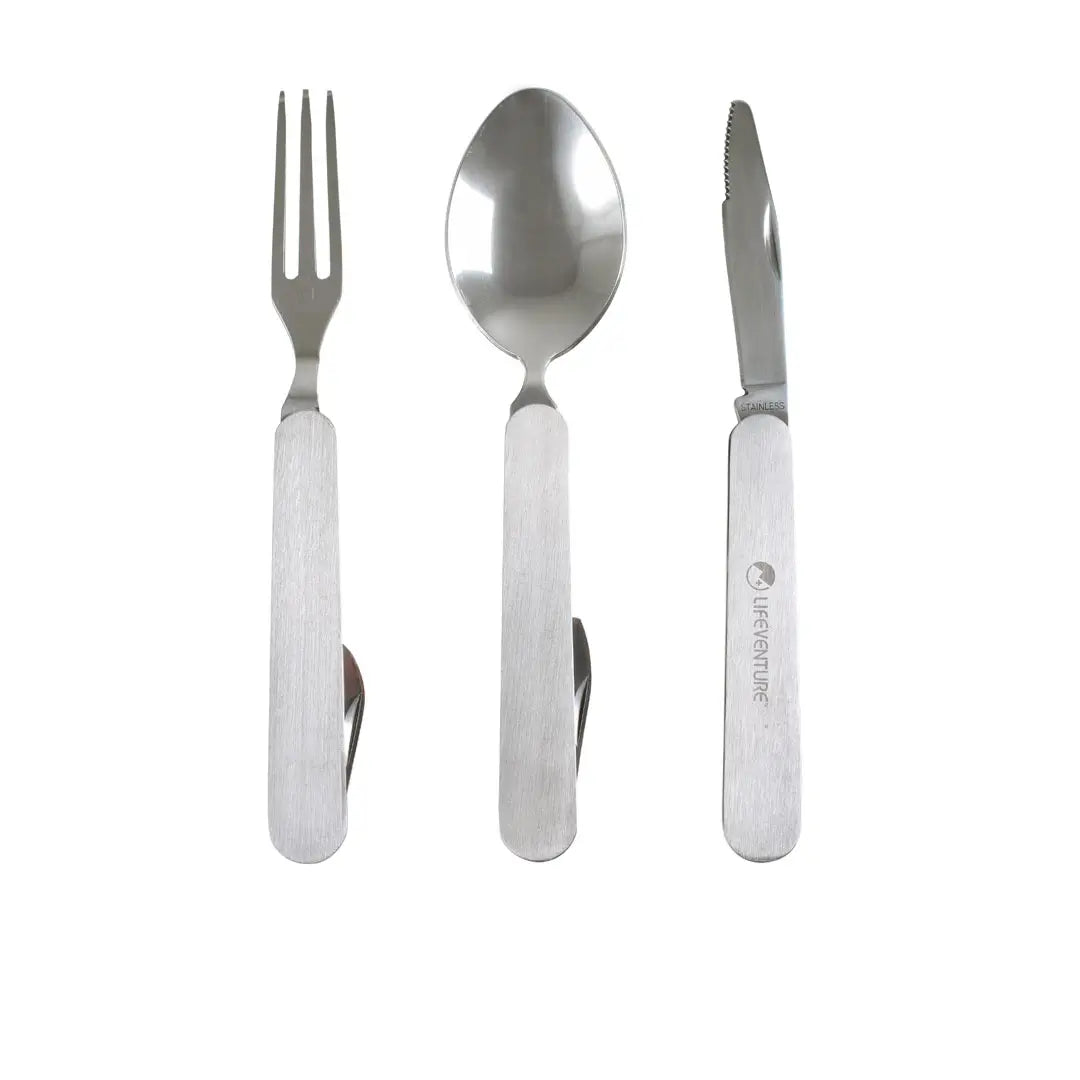 Front shot showing the opened-out Lifeventure stainless steel folding cutlery set