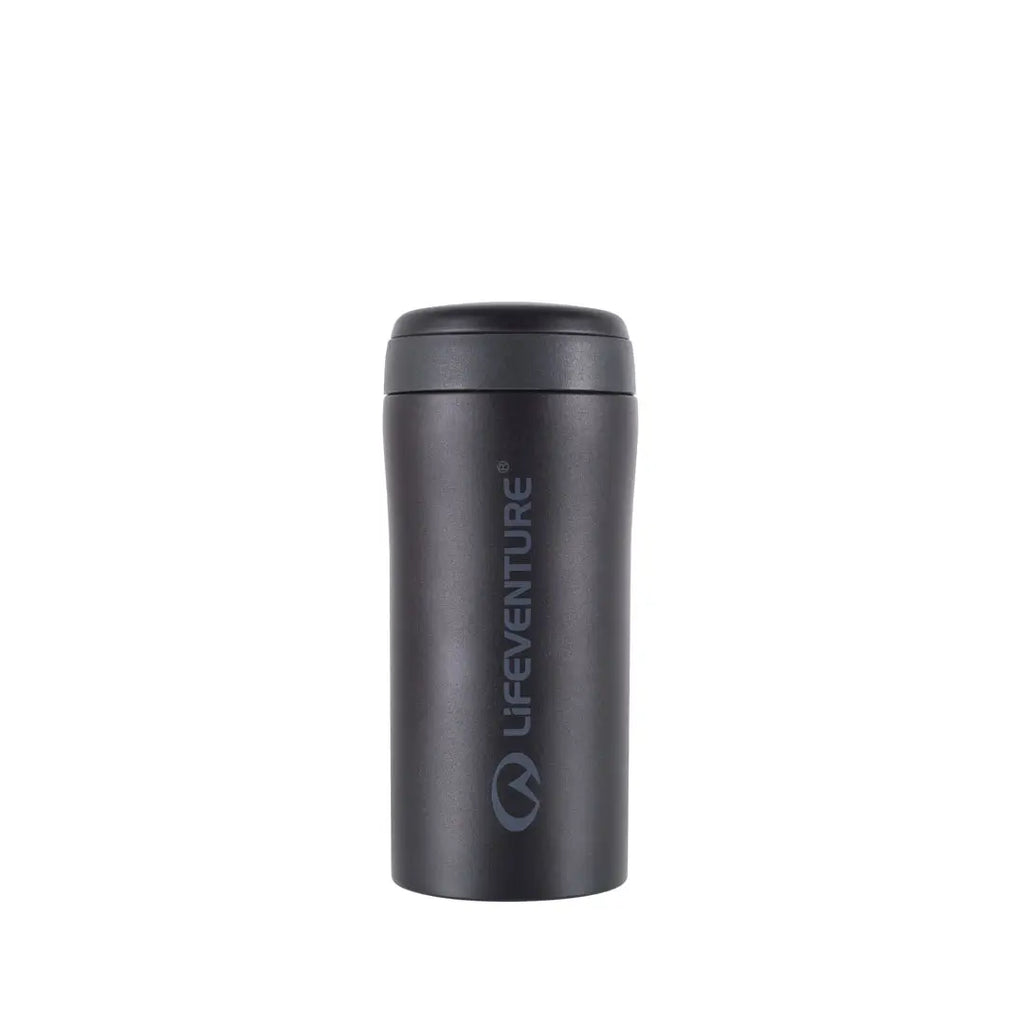 Black Matt Lifeventure thermal mug shown from the front on a white background