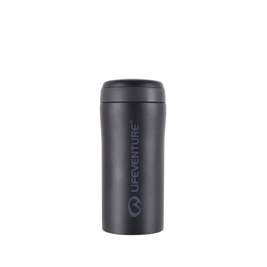 Black Matt Lifeventure thermal mug shown from the front on a white background