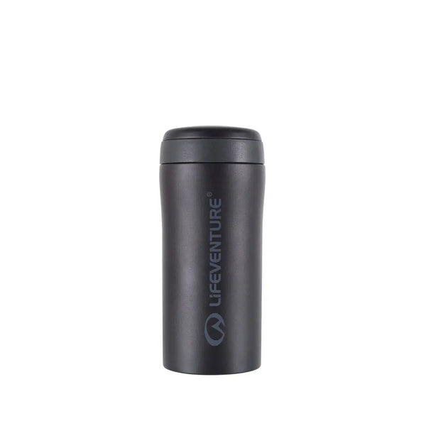 Black Matt Lifeventure thermal mug shown from the front on a white background