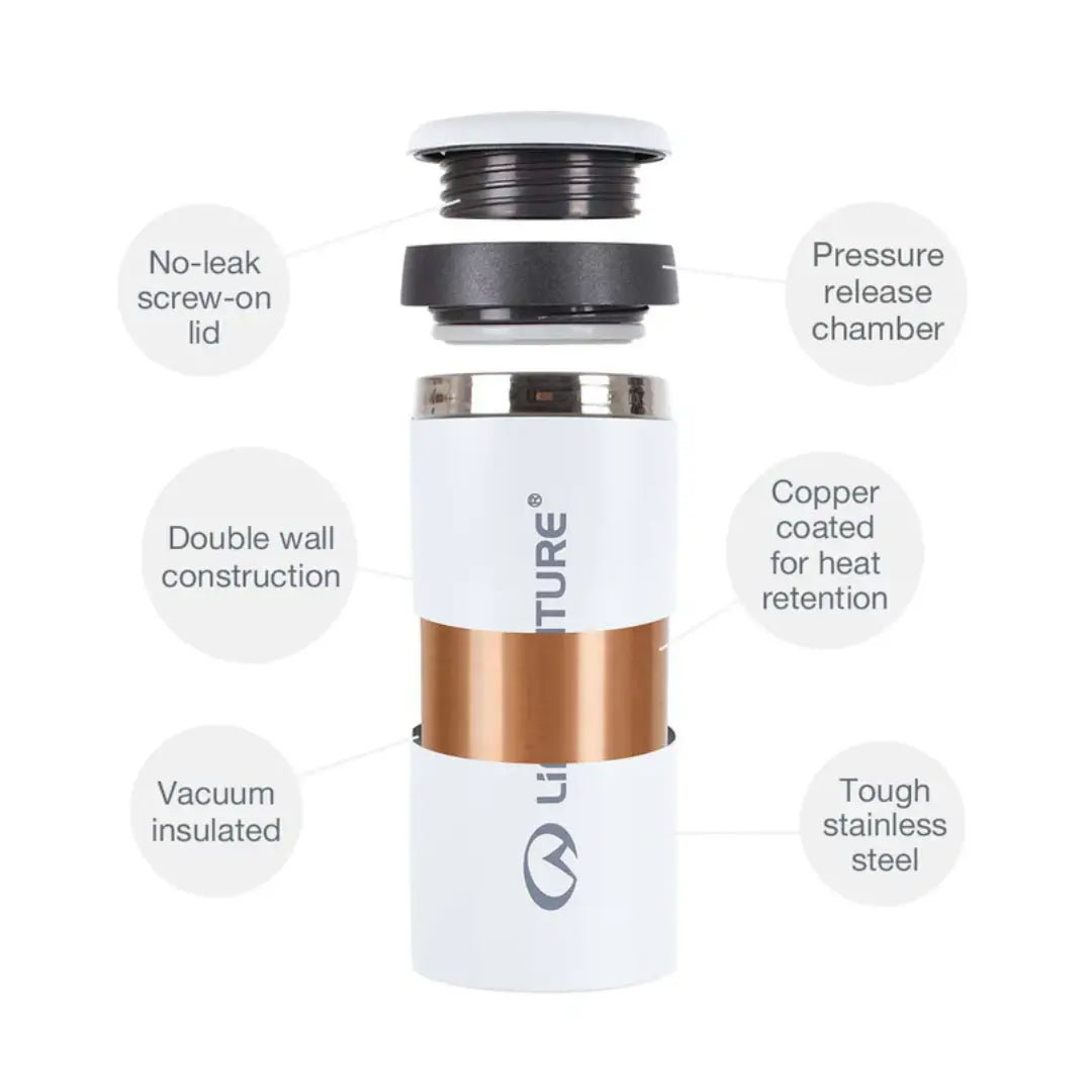 Infographic for Lifeventure stainless steel thermal mug