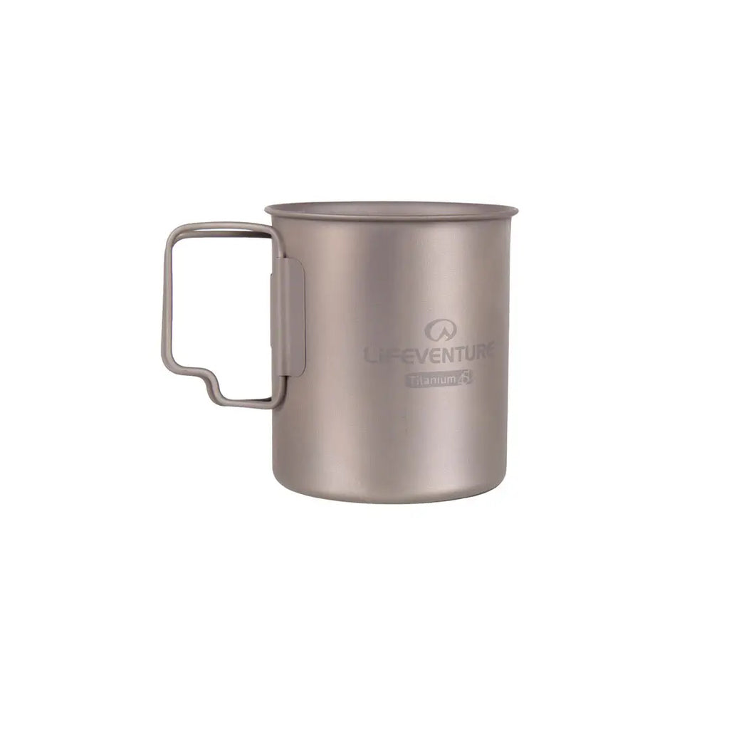 Lifeventure Titanium Camping Mugs 400ml shown from the side with the handles out on a white background