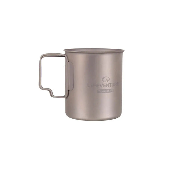 Lifeventure Titanium Camping Mugs 400ml shown from the side with the handles out on a white background