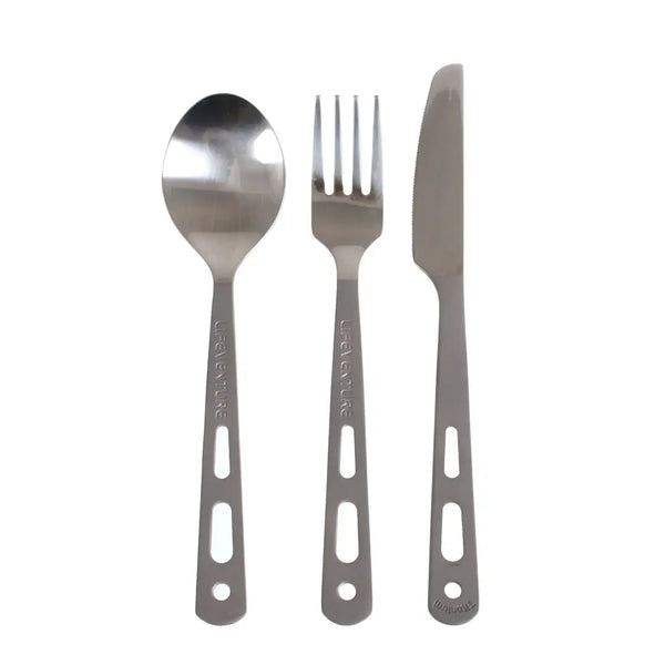 Three pieceLifeventure titanium cutlery set shown wit their polished heads and sand blasted handles