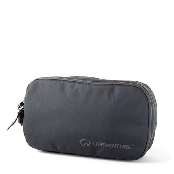 Front detail of Lifeventure X-Pac travel wash bag in black photographed on a white background