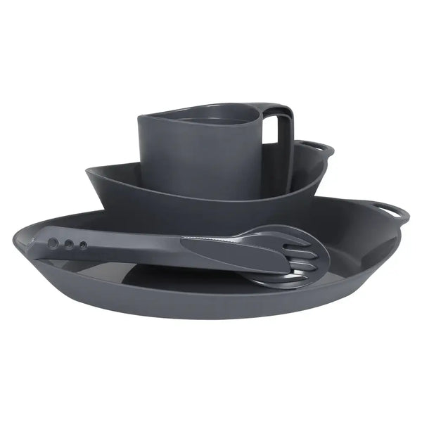 Lifeventure Ellipse 4 Piece Camping Tableware Set showing the plate bowl cup and cutlery in graphite colour on a white background