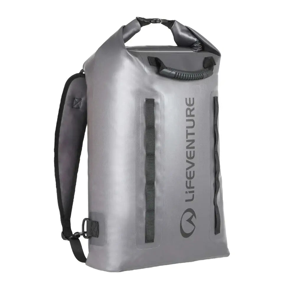 Lifeventure Heavy Duty Dry Bag Backpack 35L shown the carry starp and the front webbing on a white background