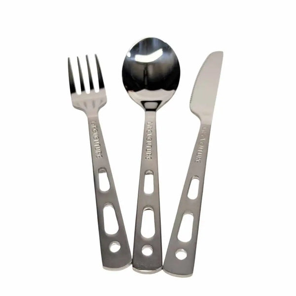 Lifeventure Stainless steel camping cutlery set with fork, spoon, and knife spread out on a white background