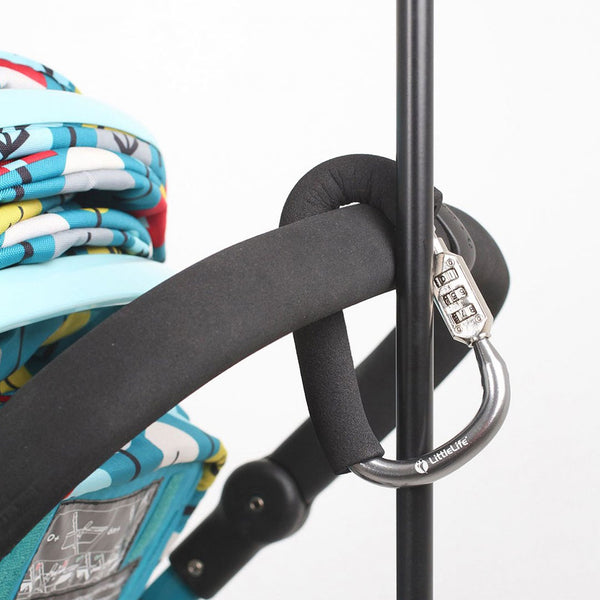 Littlelife 3 dial combination buggy lock in use with a pram and a pole