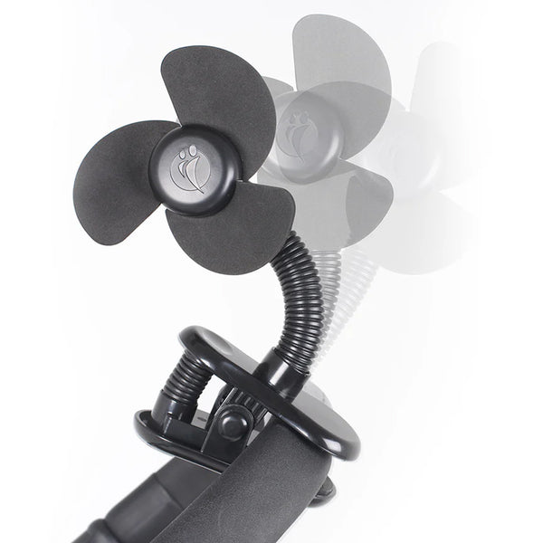 Littlelife Buggy Fan attached to a pushchairs handle with shadow images showing the different positions of the fan