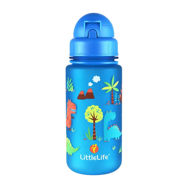 Front deatil of Littlelife Kids Plastic Water Bottle Blue Dinosaur Design