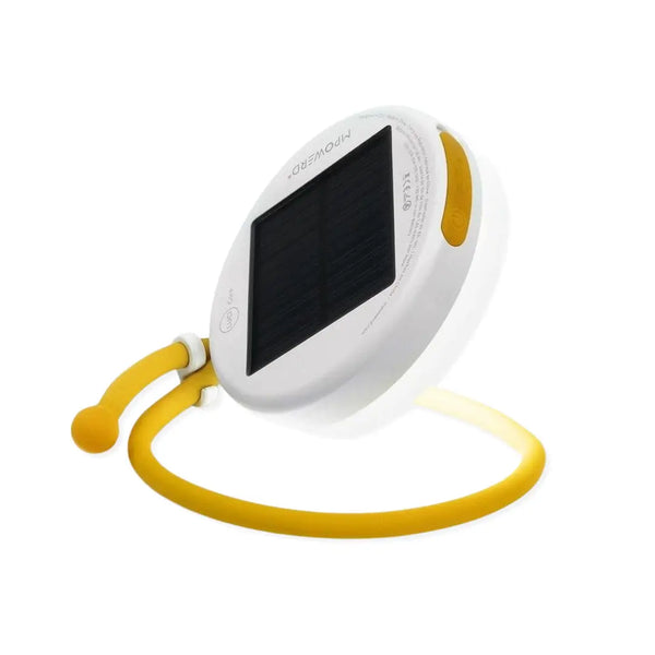 Luci solar powered portable light showing the reverse charging panel and flexible arm.