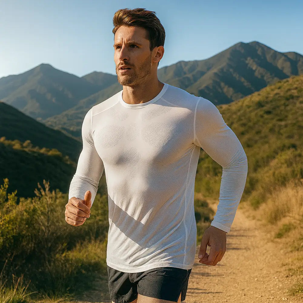 Man running on a trail in the sun wearing A Sub Zero All Active aerobic long sleeve top in white with mountains in the background