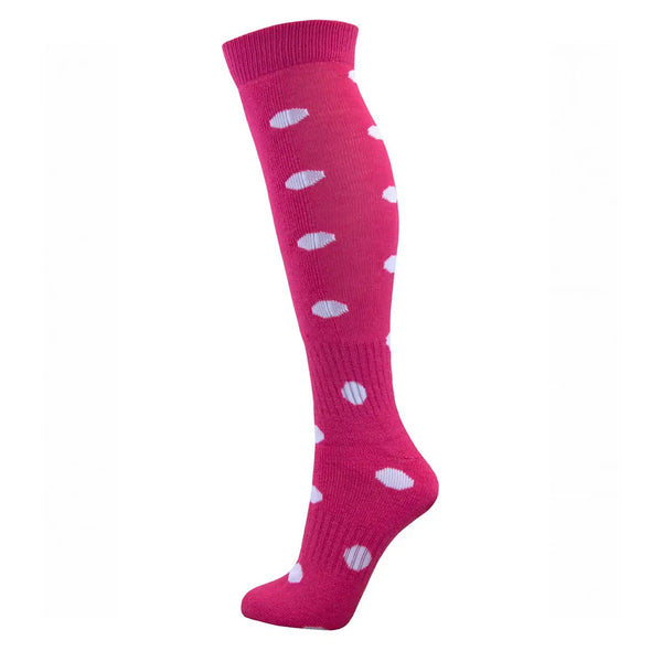 Manbi Snow Tec woolen ski socks in full length showing the stretch and support zones in Polkadot Magenta