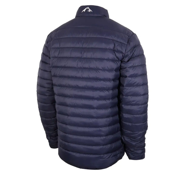 Backdetail of a Sub Zero mens lightweight synthetic insulated jacket in navy blue showing the baffle construction and back neck reflective logo