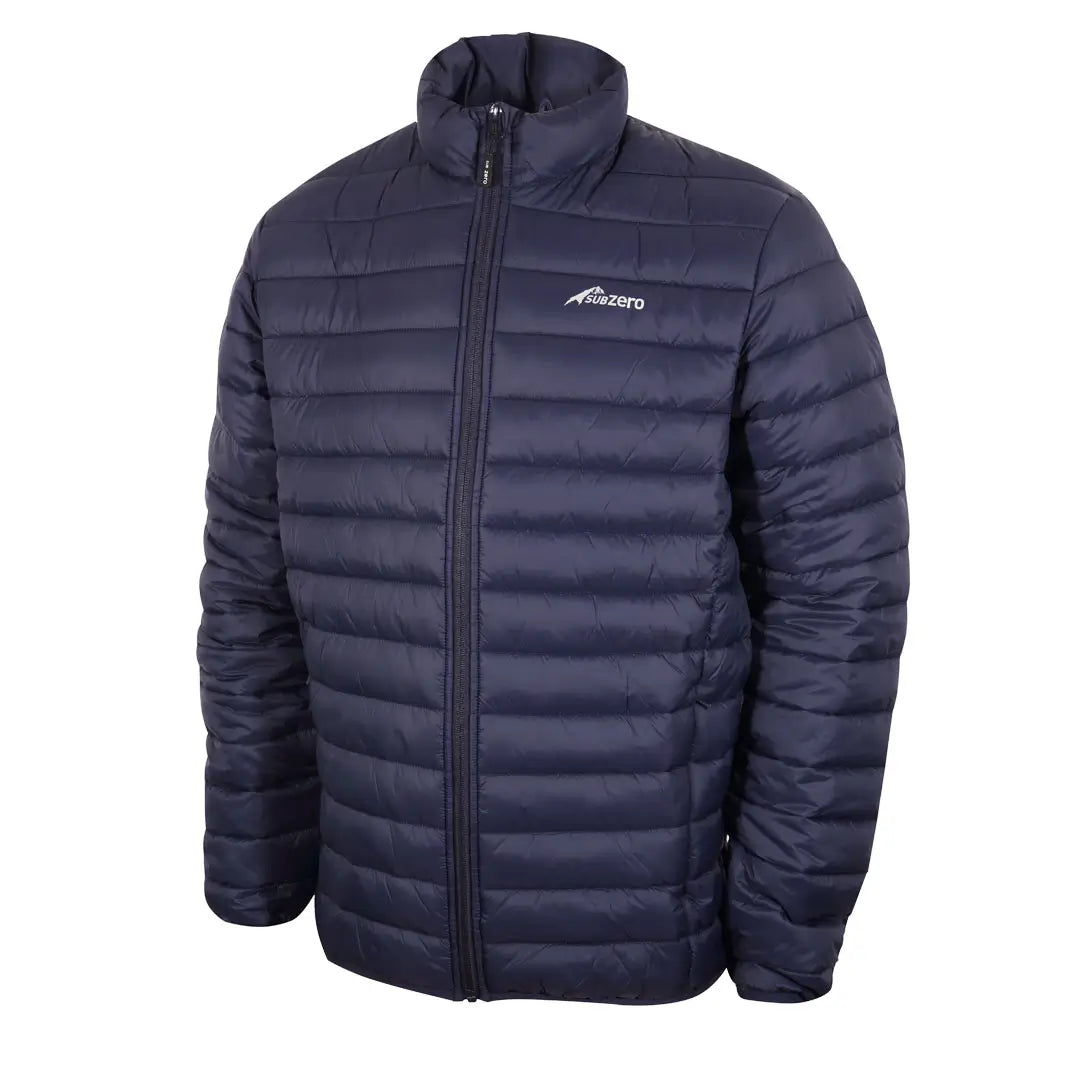 Front detail of a Sub Zero mens lightweight synthetic insulated jacket in navy blue showing the full length zip and baffle construction