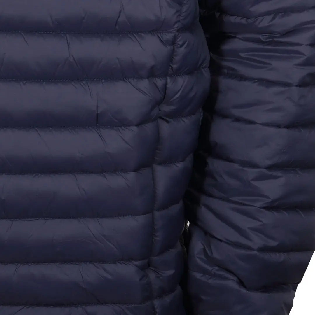 Close-up detail of a Sub Zero mens lightweight synthetic insulated jacket in navy blue showing the descreet zipped side hand warmer pockets