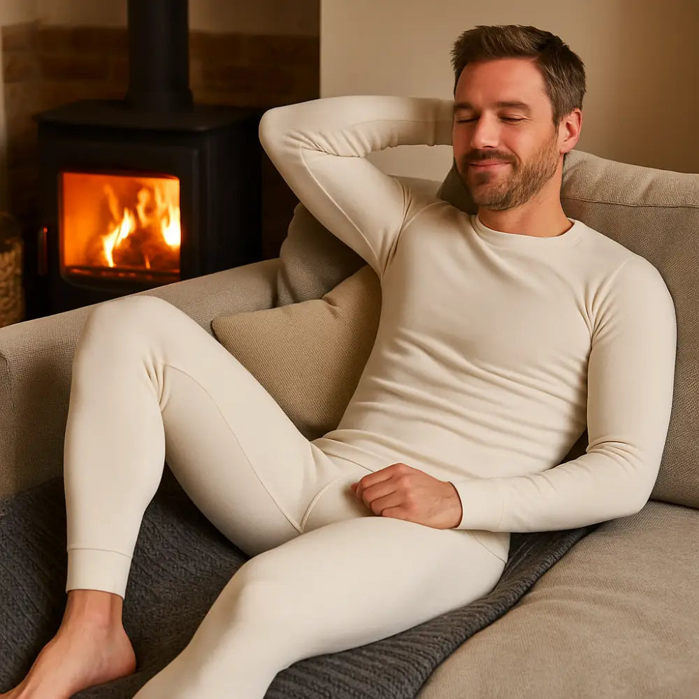 Lifestyle image of a man wearing Sub Zero Classic thermal base layer leggings and long sleeve top whilst laying on a sofa