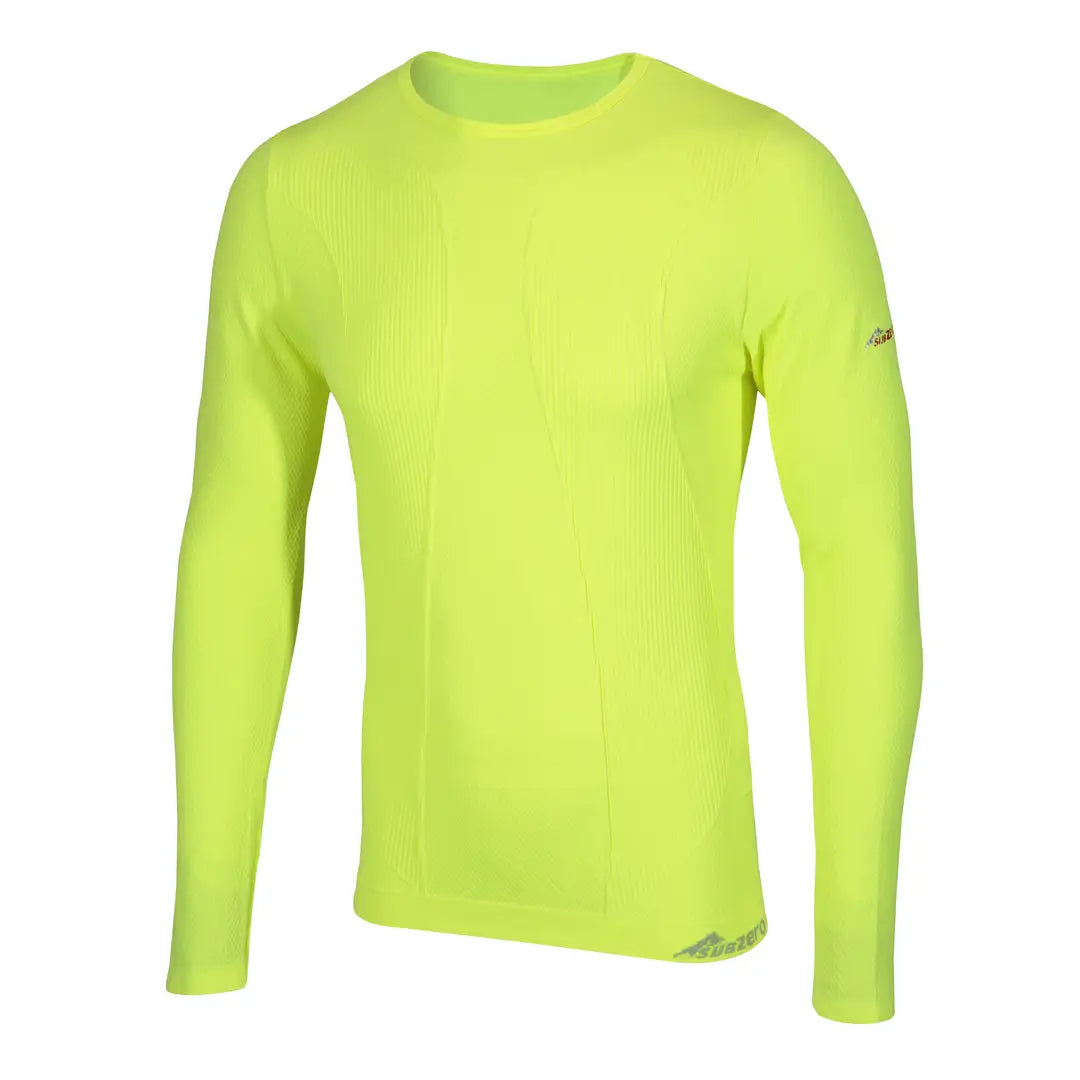 Sub Zero mens Factor 1 Plus long sleeve base layer top in flo yellow showing the body mapping zones