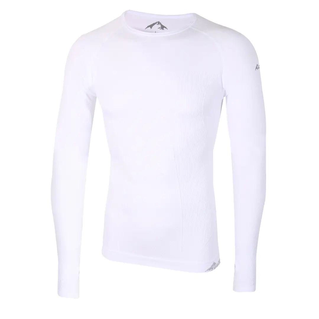 Sub Zero mens Factor 1 Plus long sleeve base layer top in white showing the raglan cut and the body mapping zones