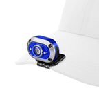 NEBO Mycro 450 rechargeable LED head torch in blue attached to the peak of a white cap using the removable cap clip, shown on a white background.