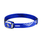 NEBO Mycro 450 rechargeable LED head torch in blue with adjustable elastic headband and compact front light, shown against a plain white background.