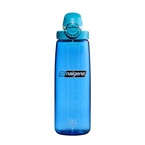 Front detail of a Nalgene 24oz Lock Top Sustain Bottle in blue on a white background showing the lockable lid